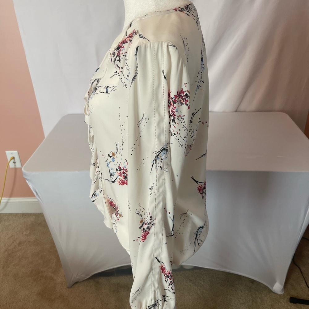 White House Blk Mkt Floral Ruffle Tie-Neck Blouse - Cream with Pink & Blue Print - Picture 2 of 3